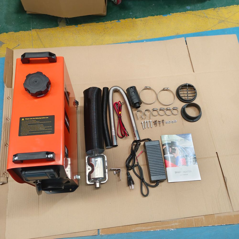Upright portable heater with exhaust, silencer, duct, vents, clamps and wall adapter
